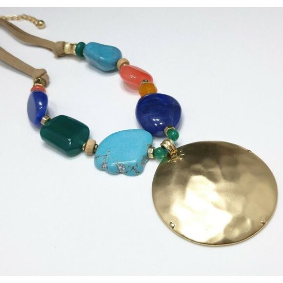 Chico’s Multicolor Beaded Necklace Gold Pendant Suede Cord NWT Statement - Picture 3 of 16